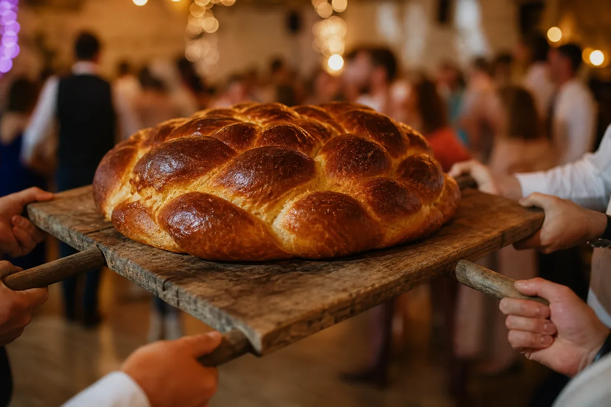 Brioche de mariage tressée portée sur un brancard en bois pendant la danse