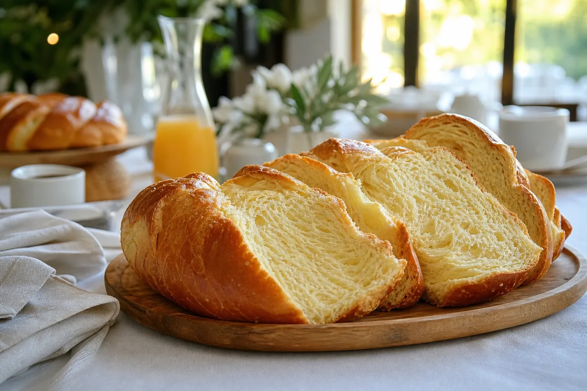 Tranches de brioche vendéenne dorée servies sur un buffet de réception