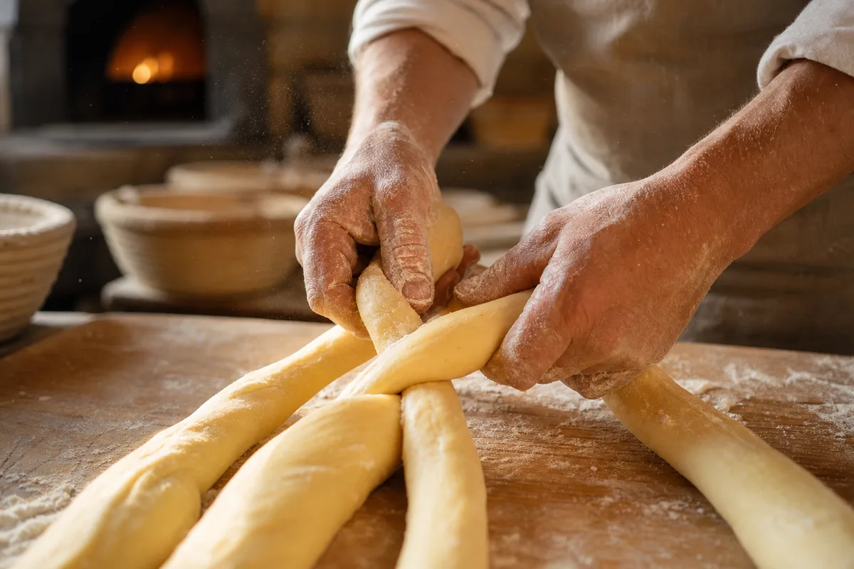 Mains d’artisan boulanger tressant une pâte à brioche sur un plan de travail fariné