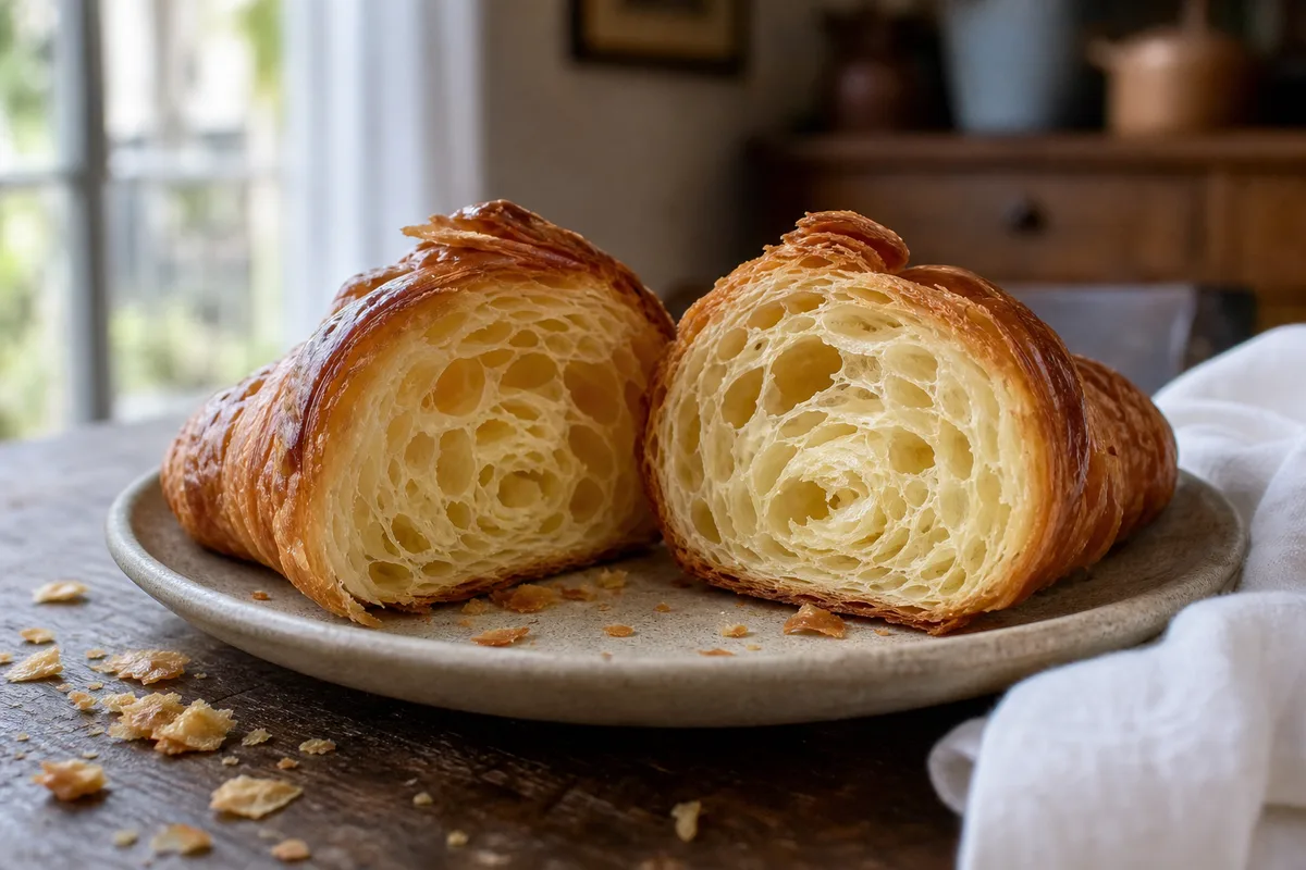 Croissant coupé en deux montrant les alvéoles du feuilletage