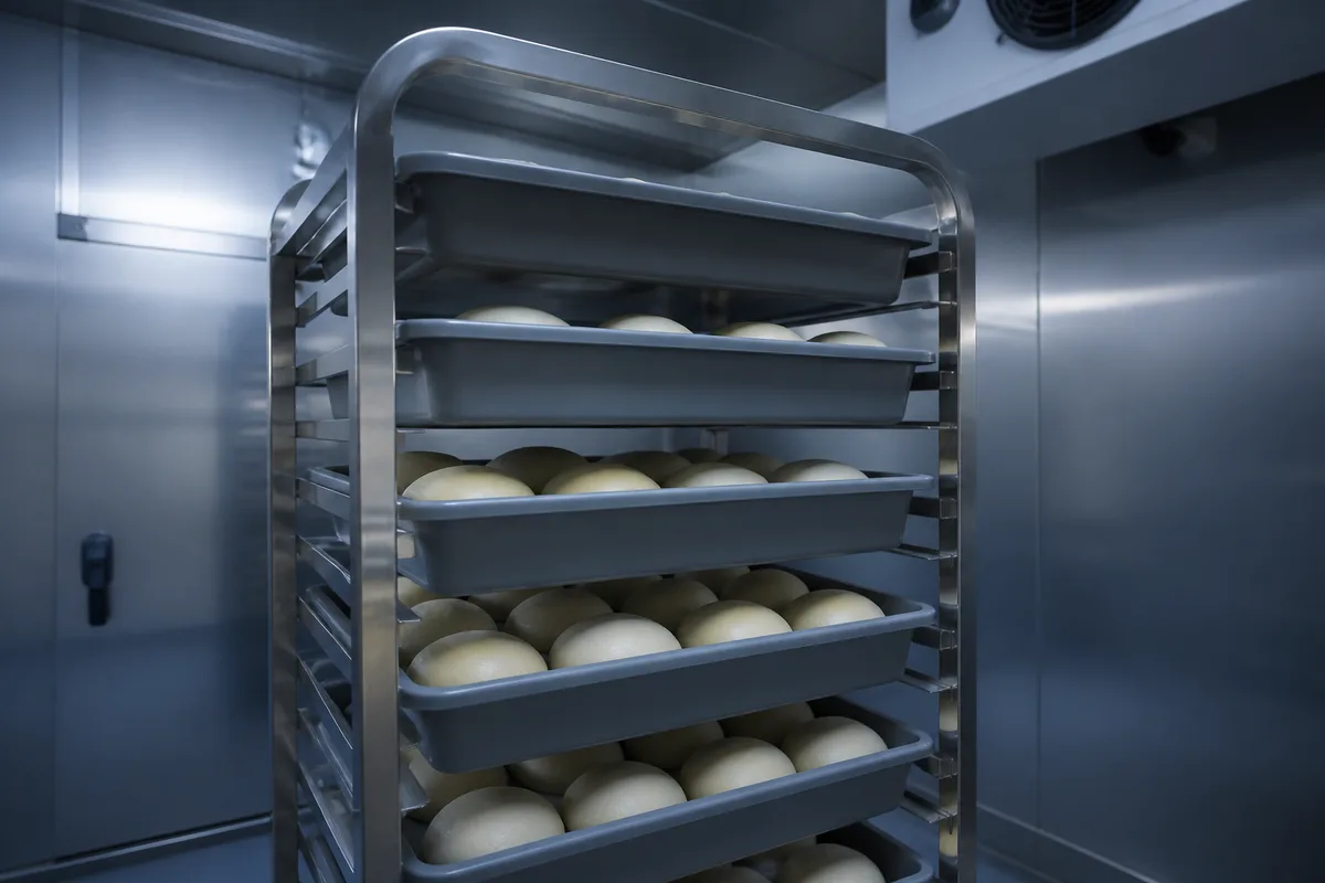Mains repliant une pâte souple dans un bac gris uni avant son passage au froid