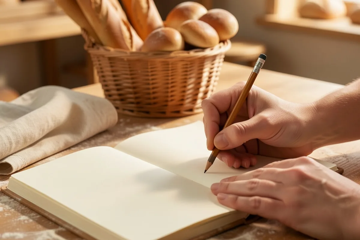 Mains de boulanger qui notent au crayon dans un cahier posé sur un comptoir fariné, corbeille de pains à côté