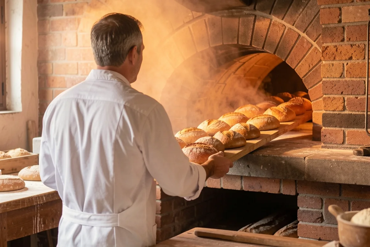 Boulanger vu de dos qui enfourne une planche de pains dans un four à sole en brique, vapeur et lumière orangée