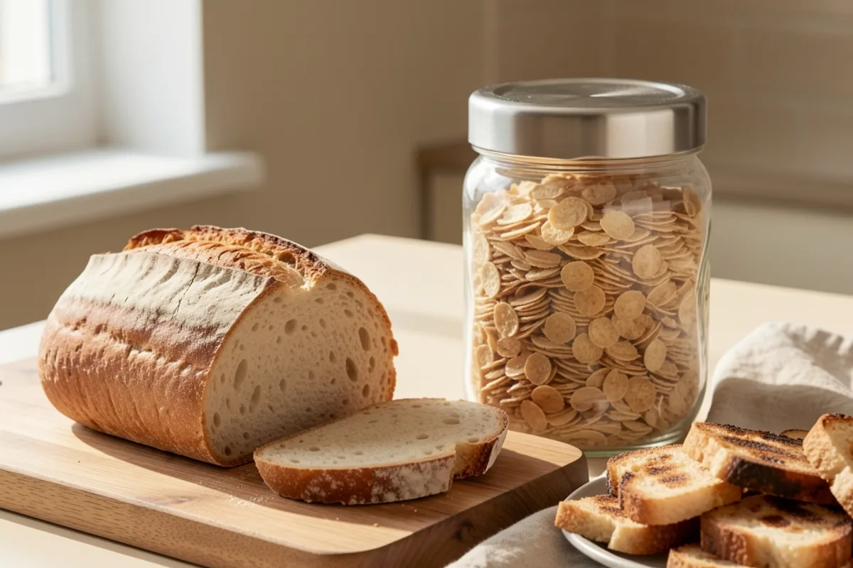 Pain de la veille tranché sur une planche à côté d&rsquo;un bocal de chapelure maison et de croûtons