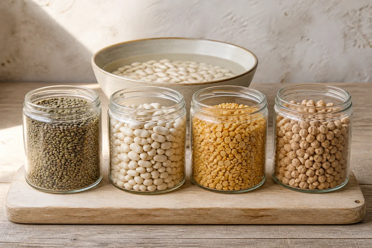 Bocaux en verre alignés contenant lentilles vertes, haricots blancs, pois cassés et pois chiches sur une planche de bois clair