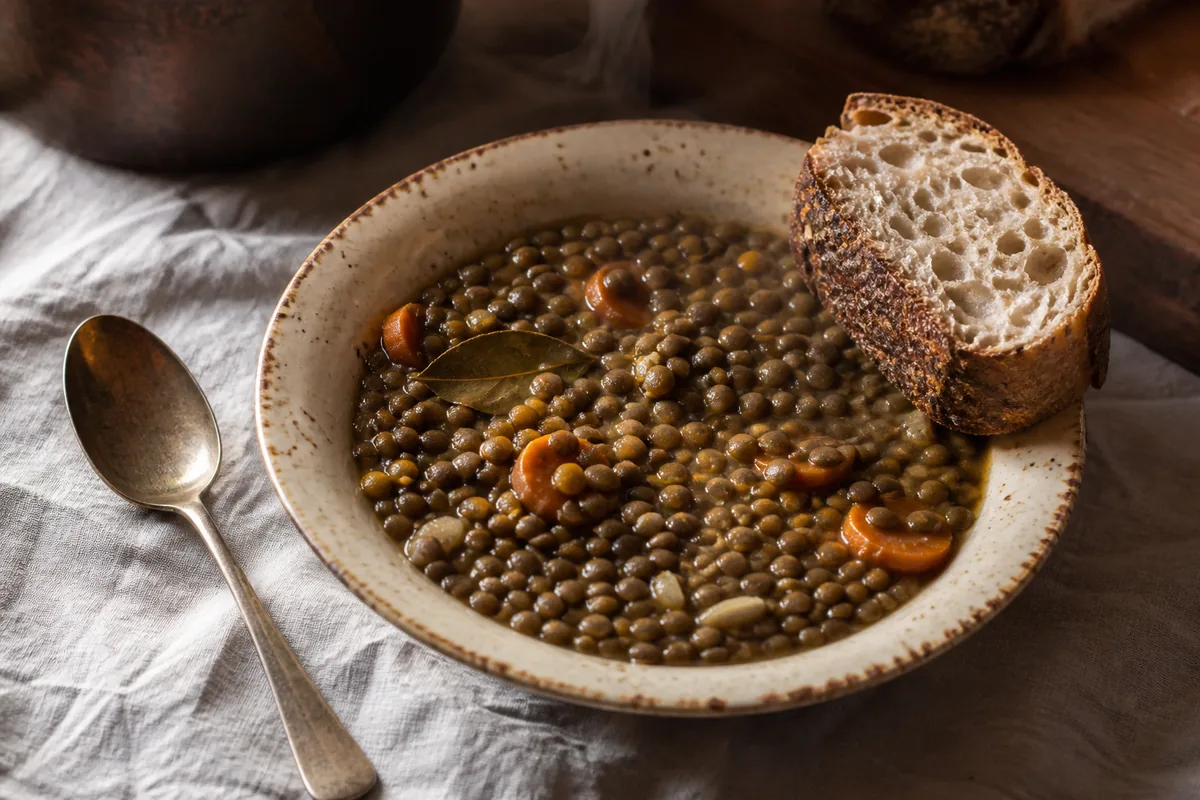 Assiette creuse de lentilles mijotées avec carotte et laurier, tranche de pain au levain posée sur le bord, lumière naturelle rasante