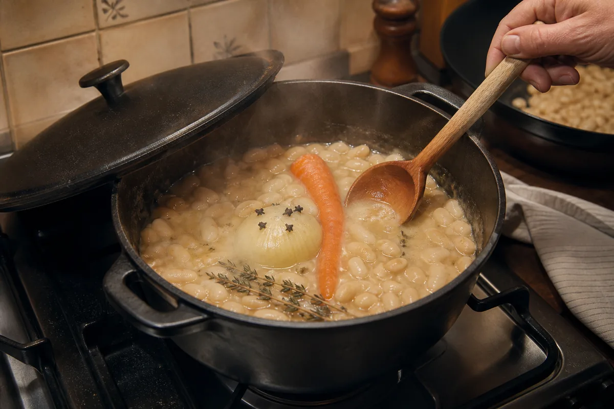 Cocotte en fonte ouverte sur une cuisinière, haricots blancs mijotant avec carotte, oignon piqué et branche de thym, vapeur légère