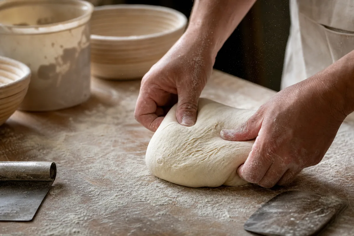 Mains d’un boulanger façonnant un pâton sur un plan de travail fariné