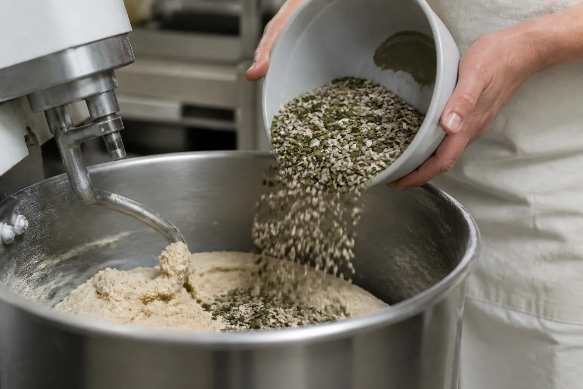 Mains de boulanger versant un mélange de graines de courge et de tournesol dans un pétrin en inox