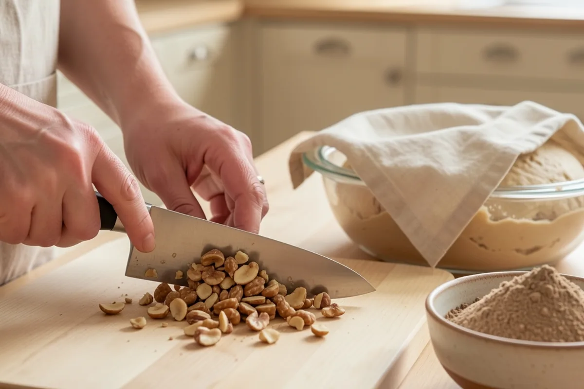 Mains concassant des cerneaux de noix au couteau sur une planche en bois, bol de farine de seigle et pâte au repos dans un saladier