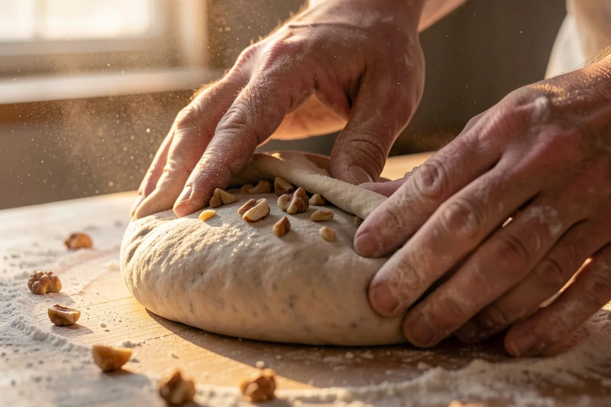 Pâte à pain en cours de rabat sur un plan de travail fariné, morceaux de noix visibles dans la pâte, mains de boulanger en gros plan