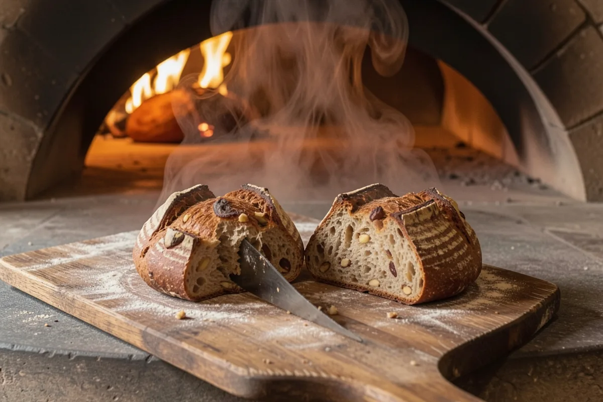 Deux bâtards de pain aux noix sortant d&rsquo;un four à sole, croûte foncée grignée, vapeur, pelle en bois, lumière chaude du fournil