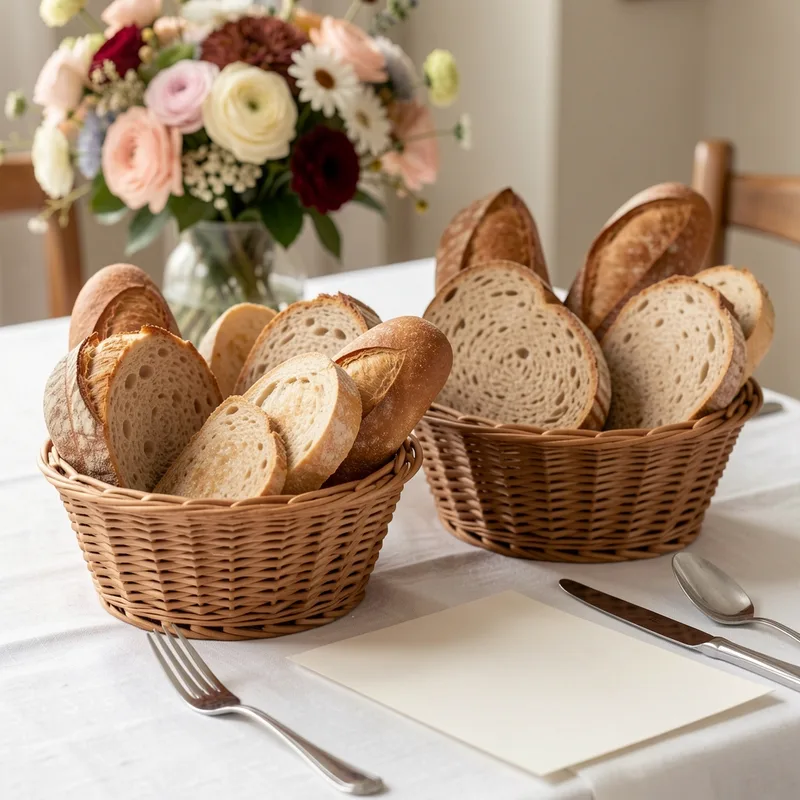 Corbeilles de pain tranché disposées sur une table de banquet dressée en blanc