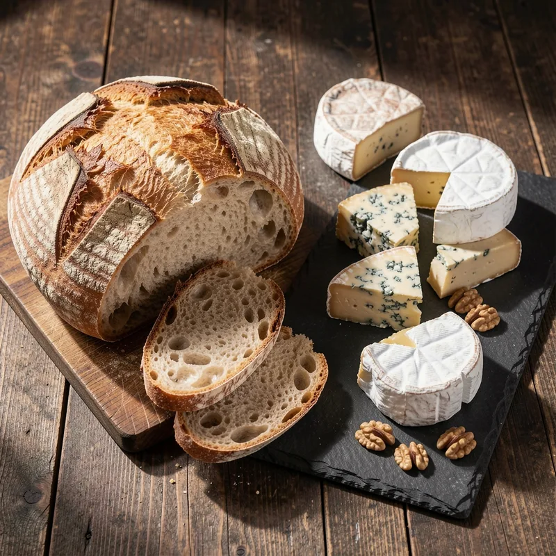 Tourte de pain au levain entamée près d&rsquo;un plateau de fromages fermiers
