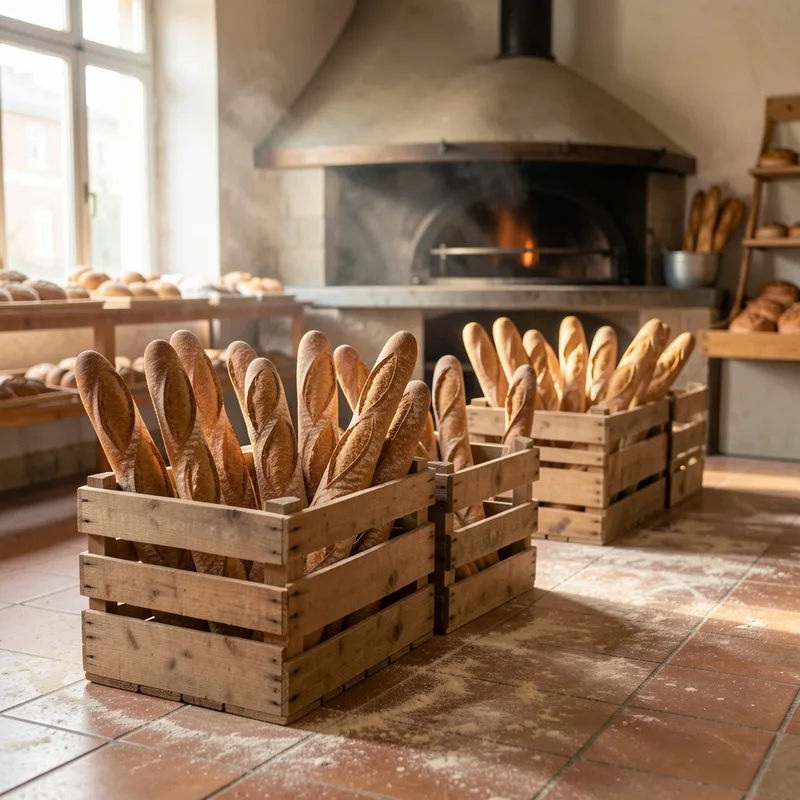 Baguettes de tradition rangées en cagettes de bois dans un fournil au petit matin