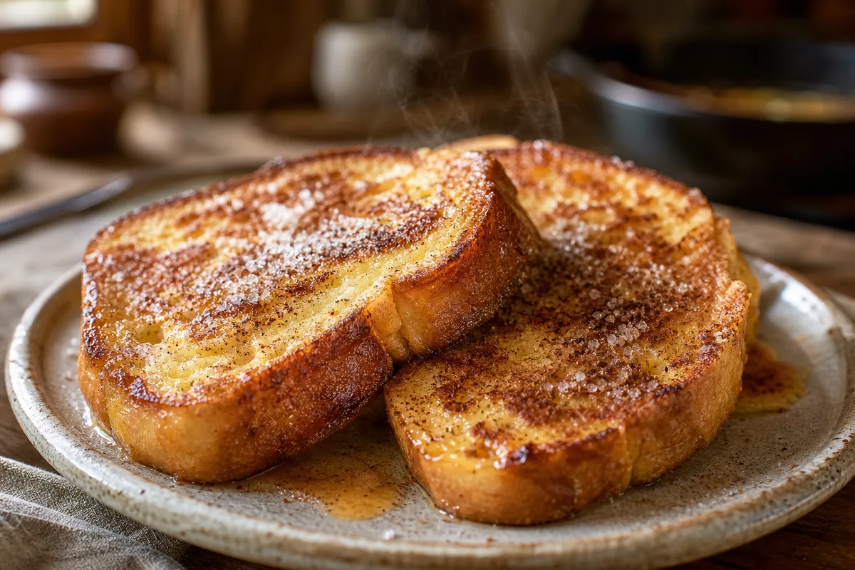 Tranches de pain perdu doré à la poêle saupoudrées de sucre