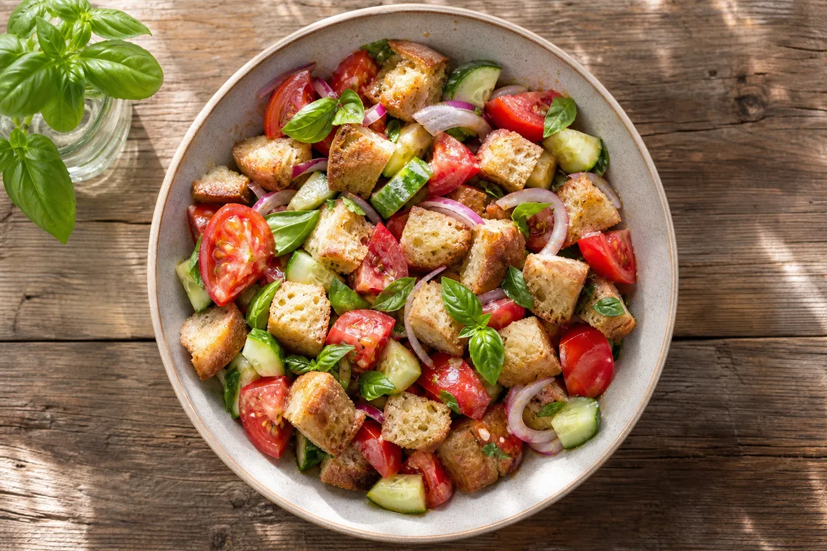 Salade panzanella toscane avec cubes de pain rassis, tomates et basilic
