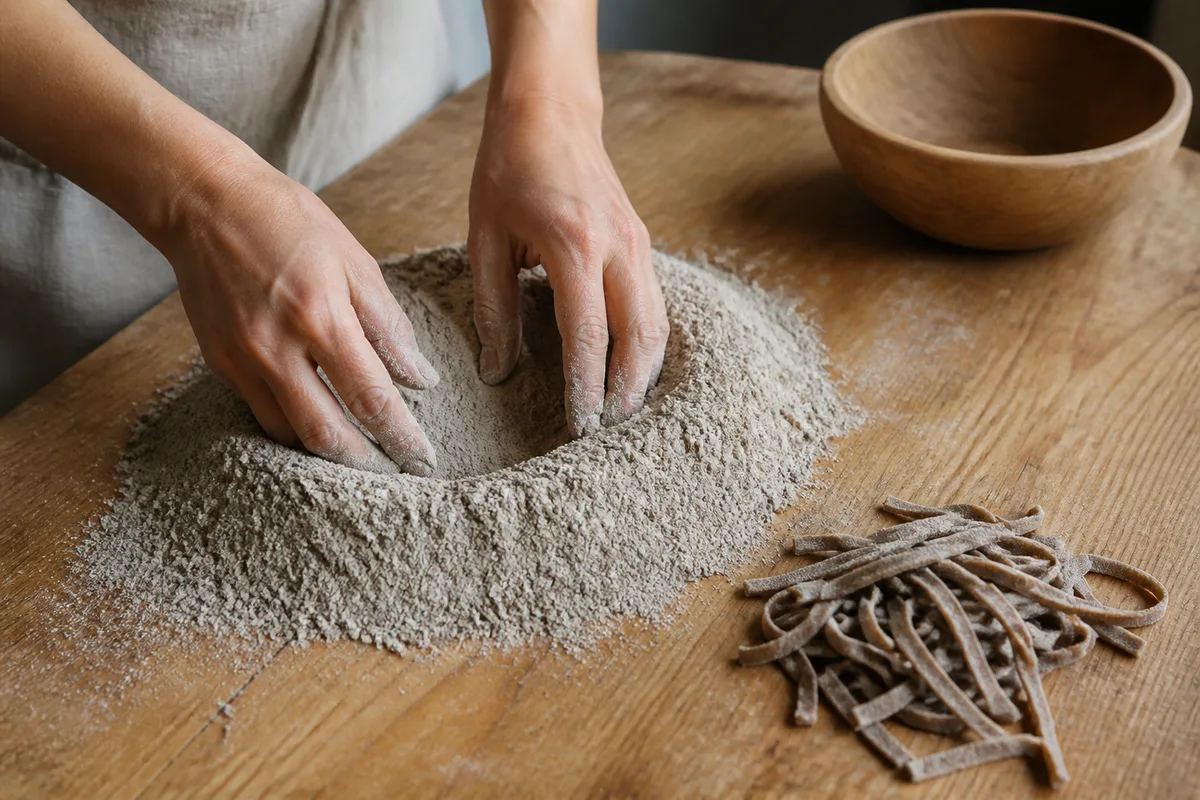 Farine de sarrasin gris-brun en tas sur un plan de travail en bois, mains y creusant un puits