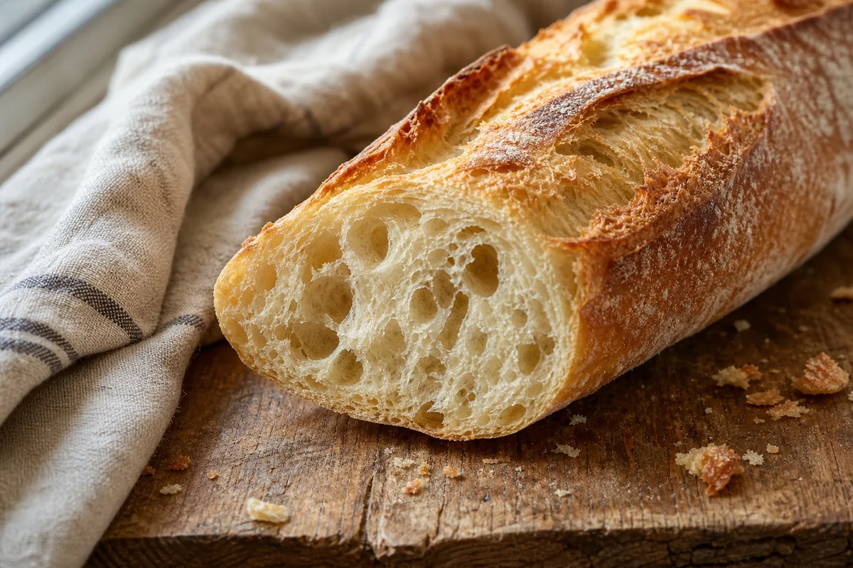 Mie de baguette de tradition tranchée sur une planche de bois, gros plan sur l&rsquo;alvéolage