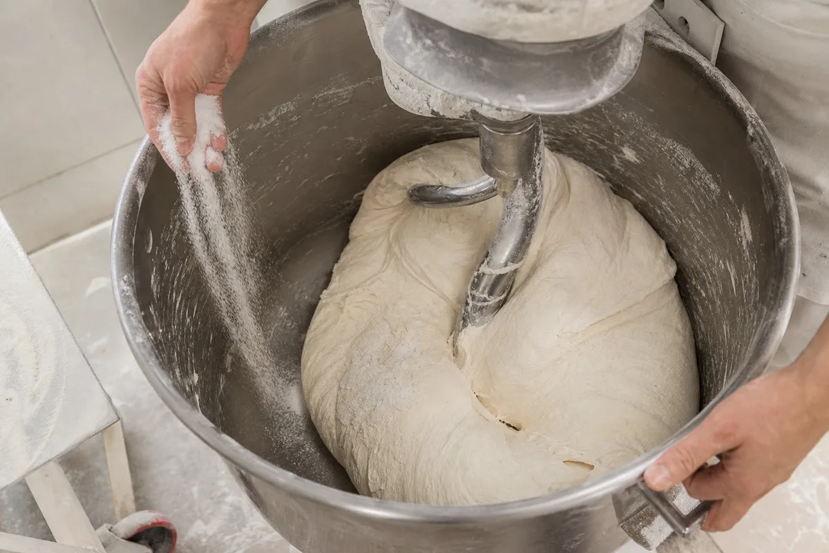Mains de boulanger incorporant le sel à la pâte dans un pétrin en inox