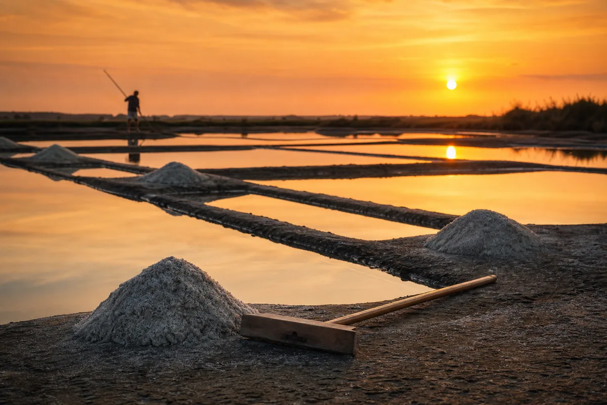 Marais salants au coucher du soleil, œillets géométriques et tas de sel récolté