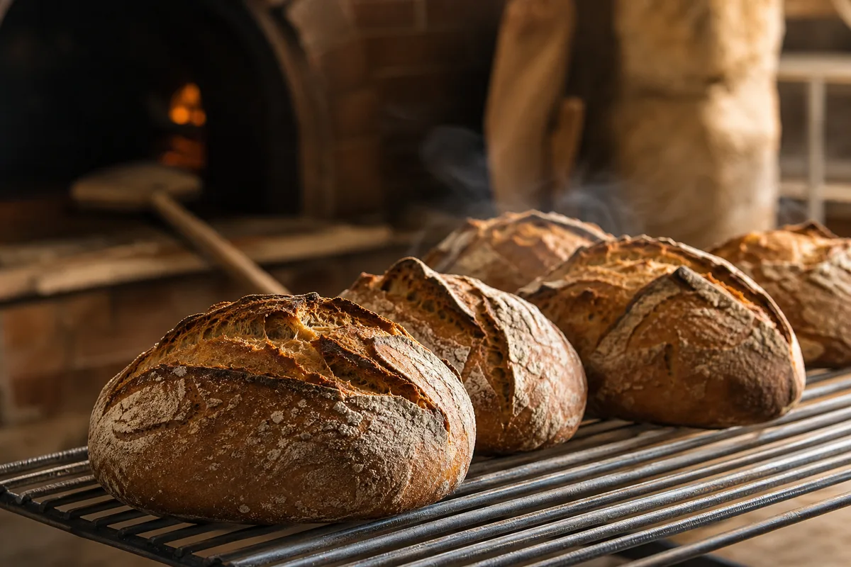 Miches de pain de campagne refroidissant sur une grille en sortie de four
